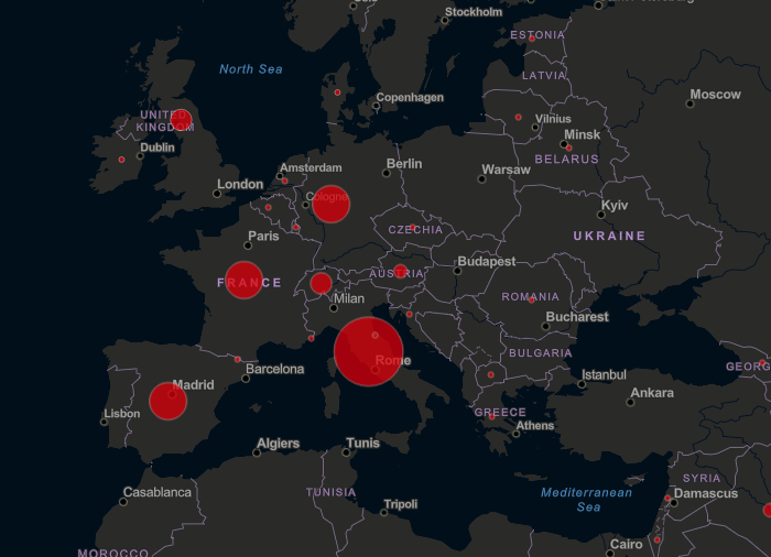 Mapa de Coronavirus en Europa, Italia es el foco de expansión del virus en ese continente. Foto Cortesía.